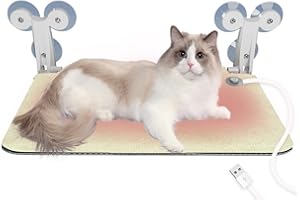 Ansionsol Heated Cat Window Perch with 6 Suction Cups for Winter, Foldable Window Sill Mount Cat Hammock for Indoor Cats, Large Cordless Metal Frame Cat Bed for Windowsill, Beige