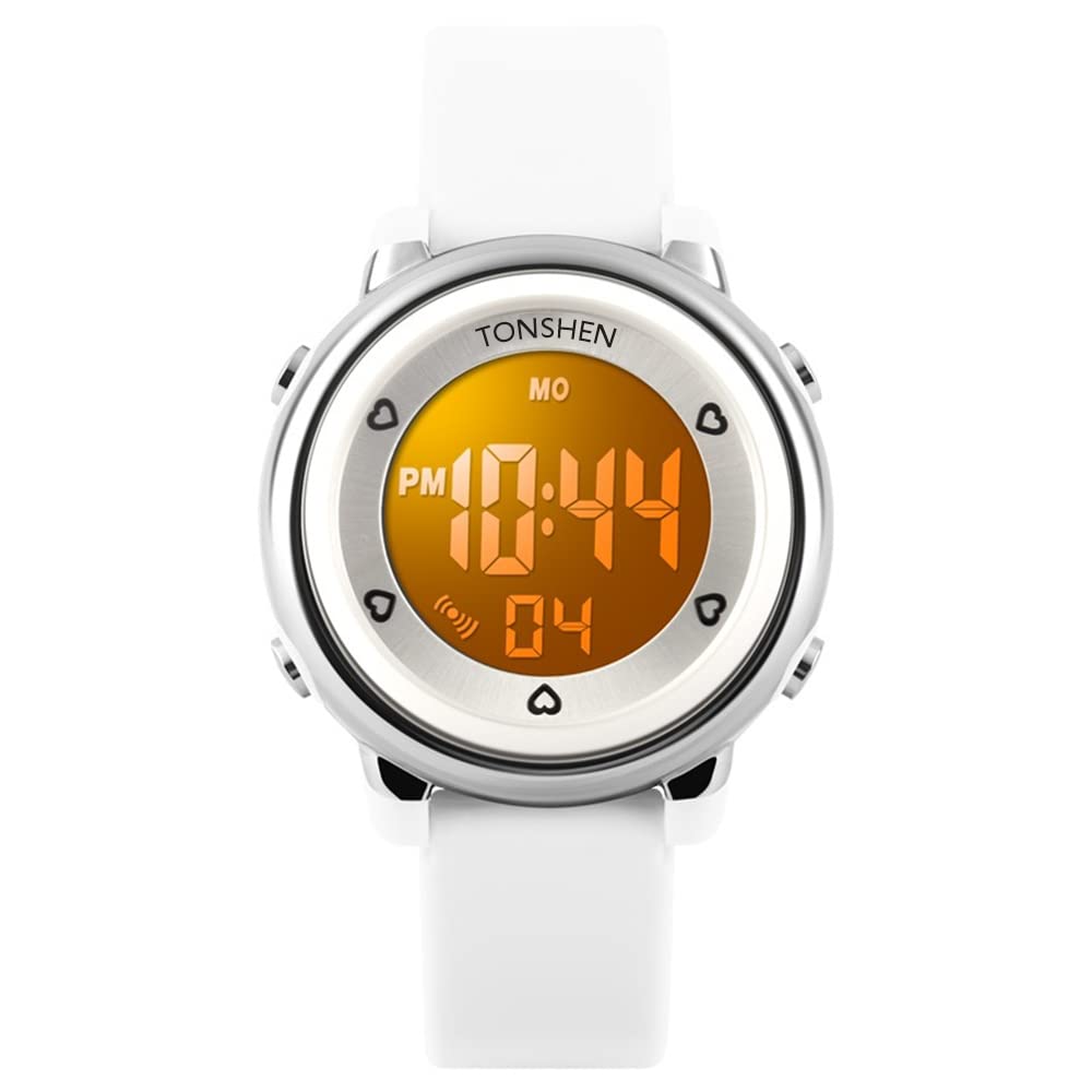 TONSHEN LED Sport Watch for Kid Boy Girl Children and Student LED Digital 50M Waterproof 7 Colours Backlights Electronic Multifunction Stopwatch Date Rubber Strap Military 24H Wrist Watch - White