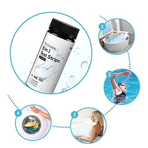 Bosiwee 5 in 1 Water Chemistry Test Strips, Water Quality Test for Swimming Pool, Spa, Hot Tub, etc - Detect pH, Total Hardness, Chlorine, Bromine and Alkalinity, 50 Count