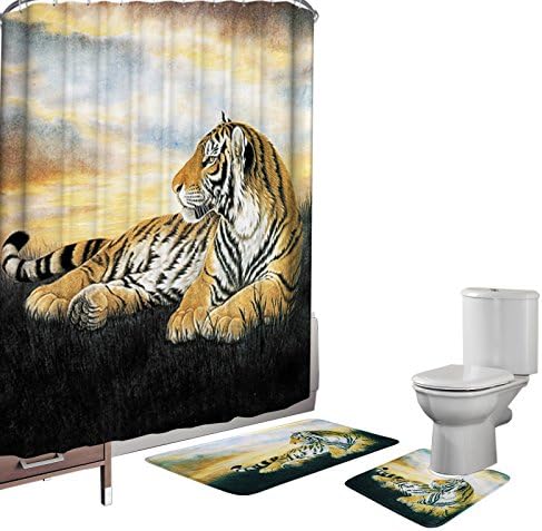Amagical 15 Pieces Shower Curtain Set Bathroom Mats Set Non-Slip Rug Carpet Shower Curtain and 12 Hooks Yellow Tiger Print