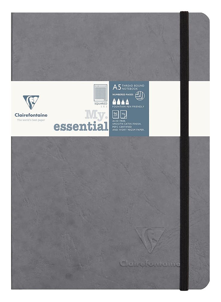 Clairefontaine 793425C Collection Age Bag - Stitched MyEssential Sewn Notebook Grey - A5 14,8x21cm - 192 Pages Small Squares - 90g Ivory Paper - Cover Leather