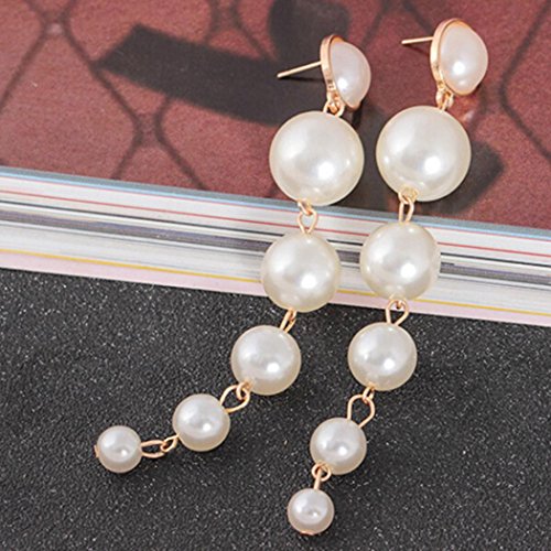 Women's Elegant Simulated Pearl 3 Tassel Chains Bridal Jewelry Long Dangle Eardrop Tassel Ear Stud Earrings (Gold)
