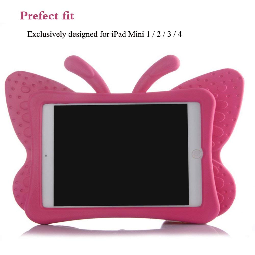 AILRINNI Coque pour iPad Mini 5 Enfants, Souple Silicone Mignonne Papillon Kids EVA étui [Antichoc] [Scratch résistant] Gel Housse de Protection Support pour Apple iPad Mini 1/2/3/4/5 - Rose Rouge