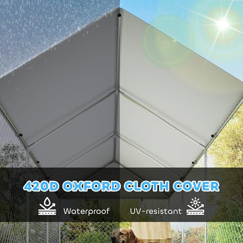 PawHut Outdoor Dog Kennel with Roof, Heavy Duty Dog Run Outdoor Fence Cage with Adjustable & Rotating Bowls, Water-Resistant UV-Resistant Cover, Secure Lock, 19.7' x 7.5' x 7.5'