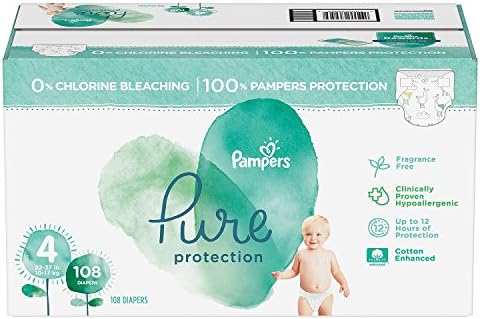 [100% Clinically proven hypoallergenic] 'Pampers' Pure Protection Diapers, Premium cotton, Soft, Size 4, Count 108 ct [Free of chlorine bleach, fragrance, lotion, parabens, and EU 26 allergens]
