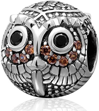 Charmstar Wise Owl Charm with Clear and Champagne CZ Stone Authentic Sterling Silver Birthstone Bead for European Bracelet