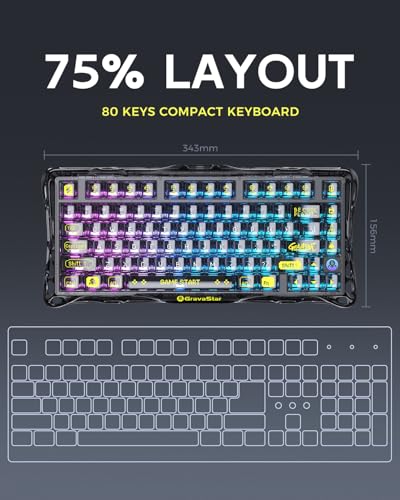 GravaStar Mercury K1 Lite 75% Gaming Keyboard, 2.4GHz/BT/Wired Tri-Mode Wireless Keyboard, Gasket Hot Swappable Mechanical Keyboard, Pre-lubed Linear Switches, RGB Backlit【Transparent Black】