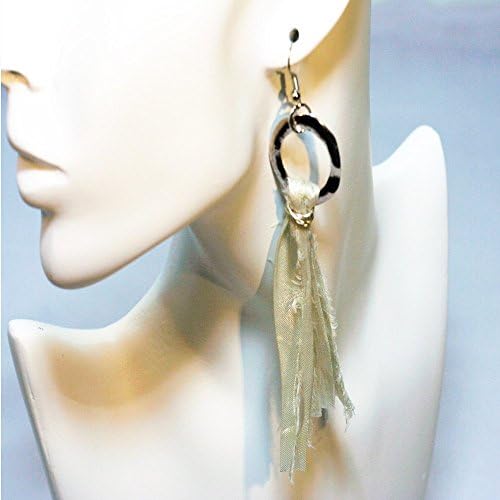 Cream Silk Sari Ribbon Silver Circle Earrings
