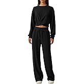 QINSEN Women 2 Piece Outfits Sweatsuit Set Twist Front Cropped Sweatshirt Wide Leg Sweatpant Lounge Set Tracksuit