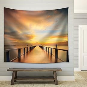Wooded Bridge in The Port Along Sunrise. - Fabric Wall Tapestry Home Decor - 51x60 inches