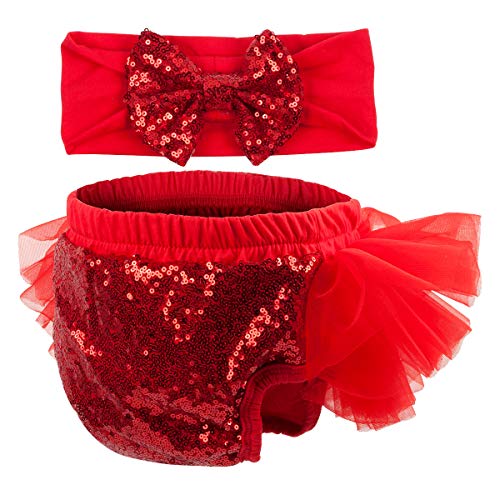 Slowera Baby Girls 2PCS Sets Cotton Tulle Sequins Diaper Cover Bloomers and Headband (Red, M: 6-12 Months) - Thumbnail 4
