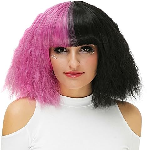 MOCOO Women Short Curly Bob Wigs Fluffy Two Tone Wigs Heat Resistant Synthetic Cosplay Halloween Hair Wig with Wig Cap ( Dark Pink and Black ) JF068A
