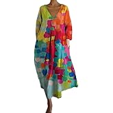 Women's Colorful Boho Floral 3/4 Sleeve Maxi Dress Flowy Casual V Neck Spring Holiday Long Tshirt Dress with Pockets