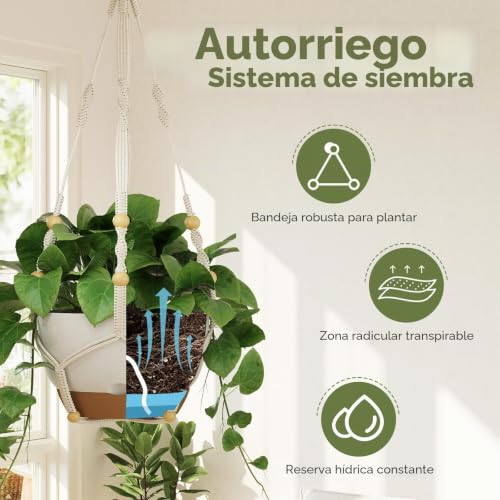 Bamworld Set of 3 Macrame Hanging Planters with Self-Watering, Plant Pot Holder and Balcony Planters 28/23/20 cm with Chains, White