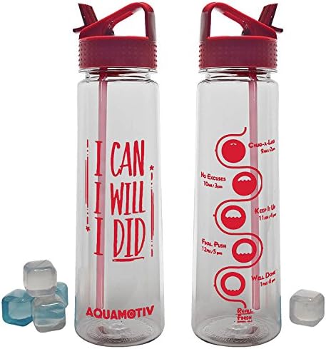 30oz Straw Inspirational Fitness Workout Water Bottle with Motivational Time Markers - Goal Tracker - Time Measurements - water intake timeline, BPA free | BONUS (5 pc) reusable ice cubes
