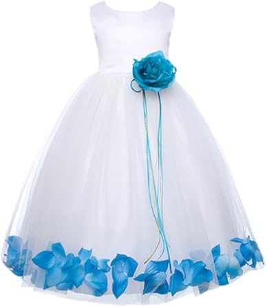 flower girl dress with flower petals in the skirt