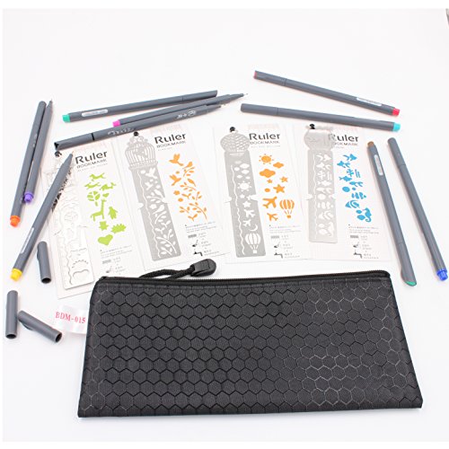 Metal Bookmark Ruler Set of 4, YARKOR Stainless Steel Drawing Painting Stencils Scale Template, Hollow Drawing Template Icon Tool DIY Photo Album/Diary Accessories Ruler (Fineliner Color Pen Set)
