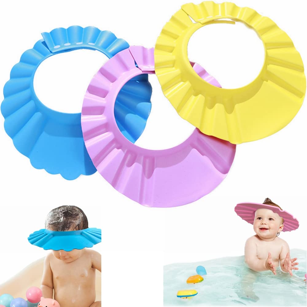 Kiwochy 3 Packs Children Shampoo Cap and Visor Kids Shower Shield Adjustable Shampoo Bath Visor Shower Visor Bathing Hat Bath Wash Hair Hat Cap for Kids Over 6 Month Avoid Water in Eyes Ears Nose