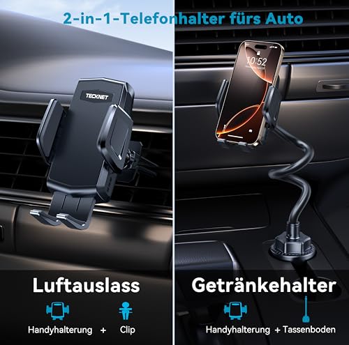 TECKNET Mobile Phone Holder for Car 2-in-1 - Car Mobile Phone Holder for Ventilation Holes & Cup Holder, Bendable Neck, 360° Rotation, One Button Release, 100% Scratch Protection for iPhone, Galaxy, All Smartphones