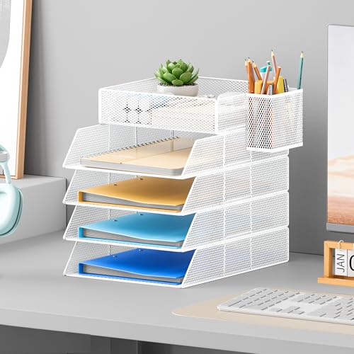 VITVITI 5 Tier Stackable Tray for Office, Desk Paper Organizer, File Trays, Office Desk Accessories with Pen Holder - White