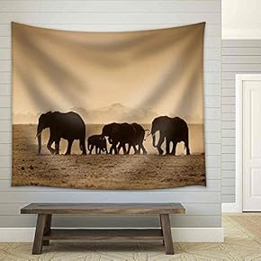 Silhouettes of Elephants, Amboseli National Park, Kenya - Fabric Wall Tapestry Home Decor - 51x60 inches