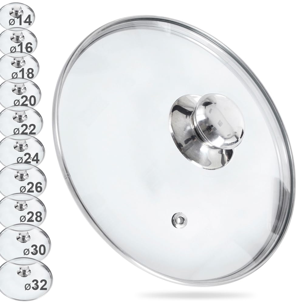 ORION Glass Lid with Stainless Steel Ring for Pot / Pan, 200°C Heat-Resistant Glass, Diameter 14, 16, 18, 20, 22, 24, 26, 28, 30 cm (26 cm)
