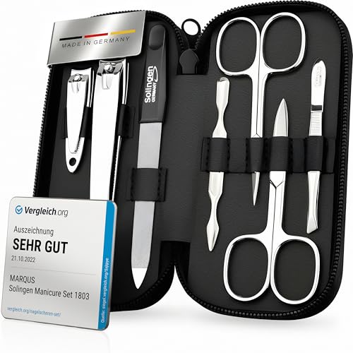 Solingen Manicure Set – Comparison Winner – Genuine Leather Case Handy and Soft – 7 Piece Complete Set for Men and Women marQus Made of Shiny Nickel-Plated Polished Steel
