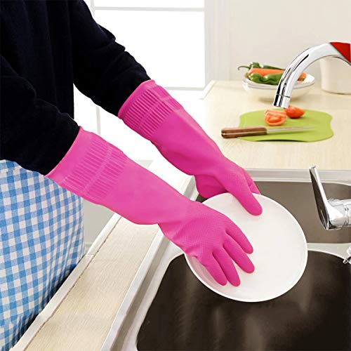 Malier Pack of 2 Pairs Rubber Cleaning Gloves, Extended Kitchen Dishwashing Gloves, Waterproof Reusable Household Cleaning Gloves with Cleaning Cloth (Rose Red, Large)