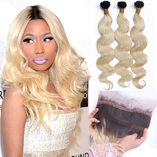 Guanyuwigs 8A Brazilian Virgin Hair Extensions Body Wave With 360 Full Lace Frontal 22.5x4x2 Ombre Blonde #1B/613(14+14 16 18)