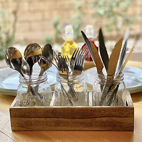 Flatware Caddy Cutlery Holder Utensil Organizer with 3 Glass Mason Jars in Farmhouse Rustic Style Wood Tray For Silverware Display on Kitchen Countertop, Dining Table and Party (Rustic Wood)