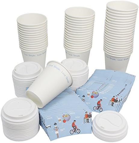 QuaCity Hot Coffee Paper Cups with Travel Lids & Protective Sleeves, Pack of 50 (12 oz, Live Simple)
