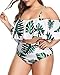 Wavely Plus Size Two Piece Swimsuits for Women Off Shoulder Ruched High Waisted Bikini Swimwear White Leaves XL
