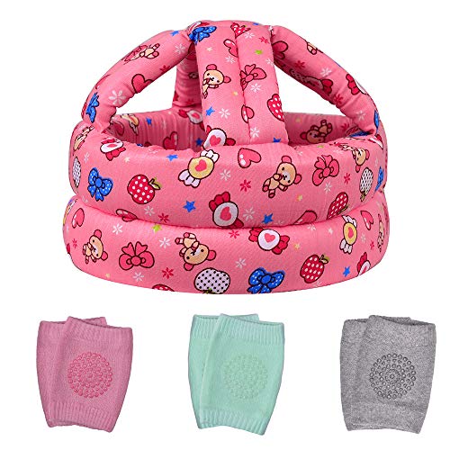 TORASO Baby Head Protector & Baby Knee Pads for Crawling, Infant Safety Helmet & Walking Baby Helmet, for Age 6-36 Months, Pink Candy(B)