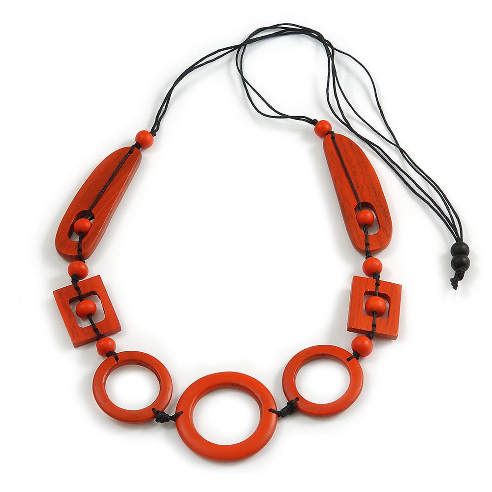 Avalaya Long Geometric Orange Painted Wood Bead Black Cord Necklace - 100cm Max/Adjustable