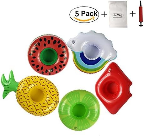 redting 5 Pack Inflatable Drink Holder+1 Inflatable needle+1 Storage bag，Drink Floats Inflatable Cup Coasters for Kids Toys and Pool Party.
