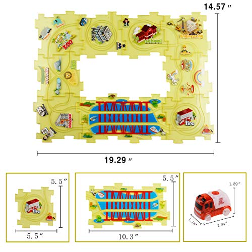 BOBXIN DIY Puzzle Tracks Car Glow in The Dark Play Set Fire Truck Themed Style Vehicle Interchangeable Tracks 18 Pieces Sets for Kids 3 4 5 6 Years Old