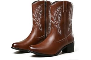 Men's Embroidered Western Cowboy Boots Pointed Toe Block Heel with Side Zipper Retro Stitching