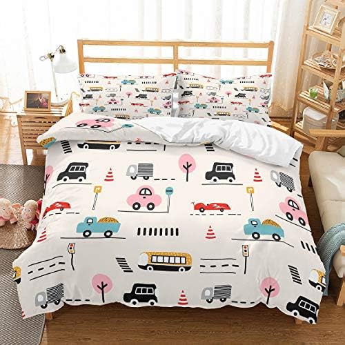 PATATINO MIO Boys Bedding Set Twin Different Vehicle Cars Traffic Train and Map of Transportation Kids Duvet Cover Set 2 Piece with 1 Pillow Sham,No Comforter,1 Duvet Cover 1 Pillow Sham