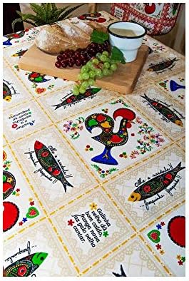 Limol 100% Cotton Sardines & Roosters Tablecloth Made in Portugal - Various Sizes (79" Diameter)