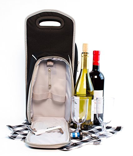 Wine Carrier Tote Bag - 7 Pcs Insulated Wine Bottle Holder or Wine Case Picnic Set (Black/Grey) - Thumbnail 5