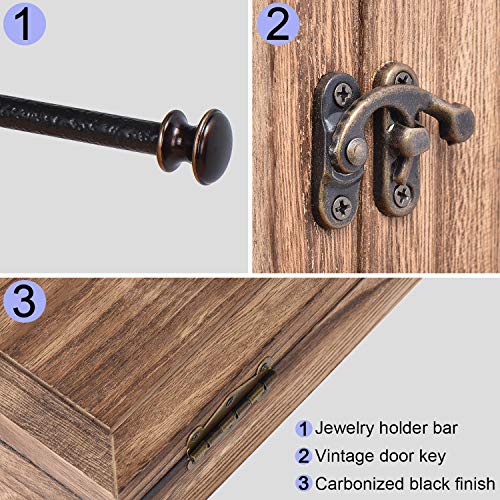 Keebofly Wall Mounted Jewelry Organizer With Rustic Wood Large Space Jewelry Cabinet Holder for Necklaces, Earrings, Bracelets, Ring Holder, and Accessories (Carbonized Black )