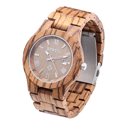 Bewell Men Wood Watch Daily life Water-resistant Analog Quartz Movement Day Display Lightweight Vintage Wooden Wrist Watch (zebra wood)