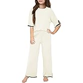 Haloumoning Girls Two Piece Outfits Kids Fashion Short Sleeve Sweater Tops and Wide Leg Pants Set 5-14 Years