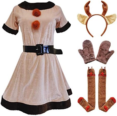 Amazon Iriwa クリスマス トナカイ コスチューム サンタ コスプレ 衣装 鹿 仮装 手袋 カチューシャ ネイルシール トナカイニーハイセット 可愛い 女性用 ベルト付き コスプレ 仮装 通販