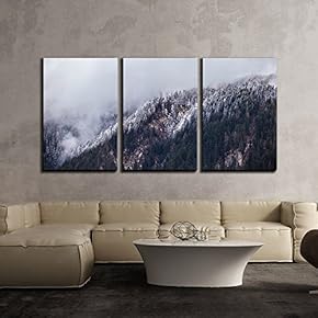 3 Piece Canvas Wall Art - Mountain with Snow Covered Pine Trees - Modern Home Art Stretched and Framed Ready to Hang - 16"x24"x3 Panels