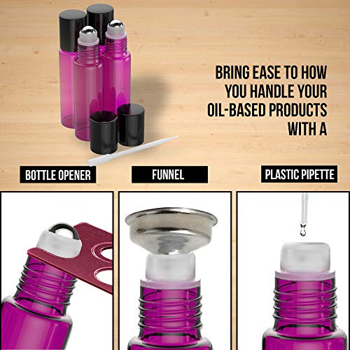 4 Pack - Essential Oil Roller Bottles [Metal Chrome Roller Ball] FREE Plastic Pippette, Funnel and Bottle Opener Refillable Glass Color Roll On for Fragrance Essential Oil - 10 ml 1/3 oz (Purple) - Thumbnail 3