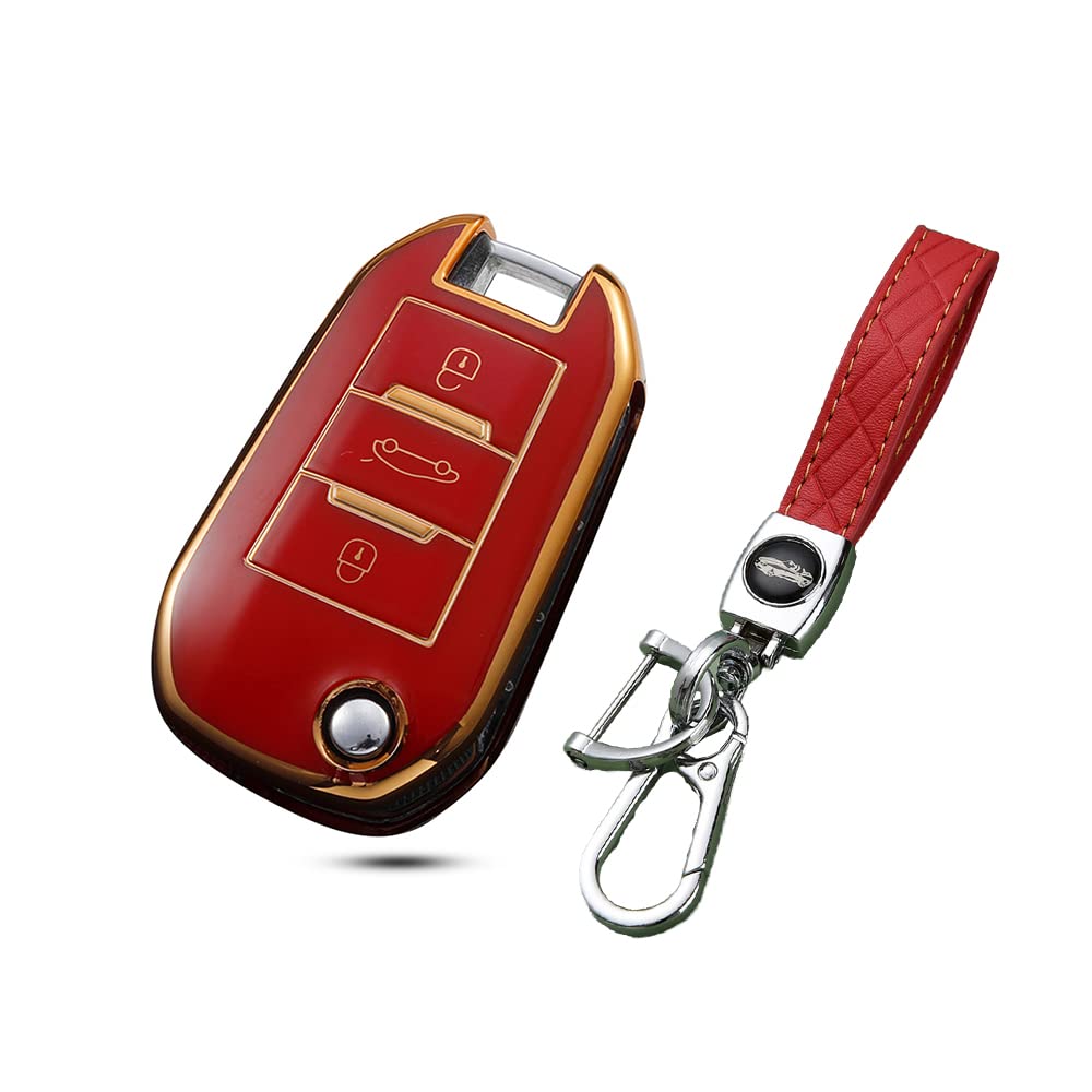 HIBEYO Key Case Fits Peugeot Soft TPU Protective Case Flip Key Car Key Case for Peugeot 3008 308 5008 508 for Citroen DS3 DS4 DS5 Cactus Cover Remote Key Accessories Red
