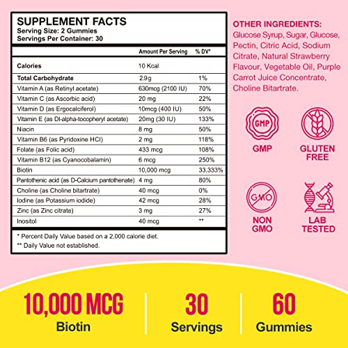 VEGEPOWER Biotin 10000mcg Hair Growth Gummies Sugar Free Vegan Vitamins Supports Healthy Skin and Nails Non-GMO Multivitamin Supplement for Women Men Strawberry 60Count