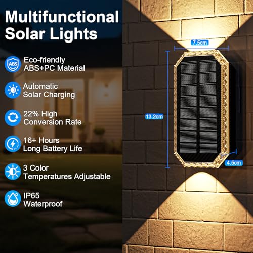 Outdoor Solar Wall Lights, 3 Colour Temperatures Outdoor Solar Lights IP65 Waterproof Outdoor Solar Lamps 1200 mAH Battery for Patio, Porch, Pool, Balcony Decoration (8 Pieces)