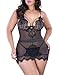 LALAGEN Women's Lace Sheer Strappy Deep V Neck Sexy Plus Size Lingerie Set Black XL